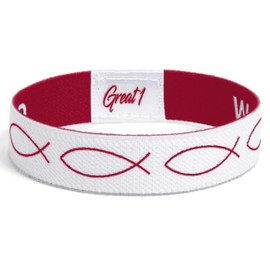 Great 1 WWJD Ichthys Symbol/Jesus Fish Bracelet - What Would Jesus Do Inspirational Religious Christian Reversible Stretch Wristband (Red, Small)