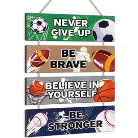 CHDITB Sport Themed Wall Decor,Football Wood Sign(3.5"x12"),Inspirational Never Give Up Wooden Sign,Basketball Wood Hanging Wall Art for Boys Kids Room Playroom Nursery Decor