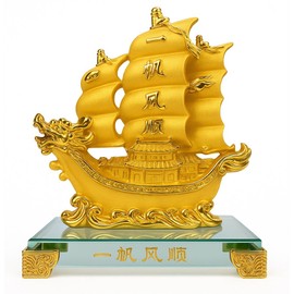 Betterdecor Feng Shui Gold Dragon Sailing Ship (Boat) Statue Home and Office Decor for Success and Fortune