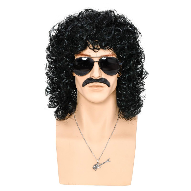 80s Short Black Curly Wig for Men,Long Curly Synthetic Wig
