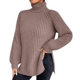 QUINTRA Loose Solid Color Sweater Medium Long Autumn/Winter Turtleneck Long Sleeved Knit Sweater Maternity Pullover Sweater (AA-Khaki, L)