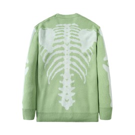 SHENHE Men's Skeleton Pattern Cardigan Sweaters Long Sleeve Unisex Outwear Knitted Coats Grass Green XL