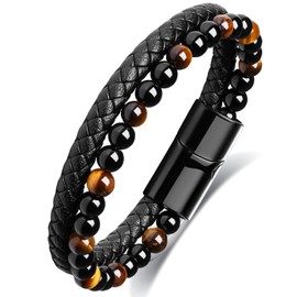 Adorashine Men's Braided Leather Bracelet, 8.3inch Black Braided Leather Stainless Steel Bracelets, Tiger Eye Natural Stone Lava Rock Beads Bracelets Gift for Men (Tiger eye beads, 8.2, Inches)