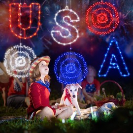 Aurelema 6 Pack 4th of July Decorations Firework Lights Hanging Patriotic Red White and Blue Starburst USA Letter LED Lights Battery Operated for Independence Day Memorial Day Outdoor Indoor Decor