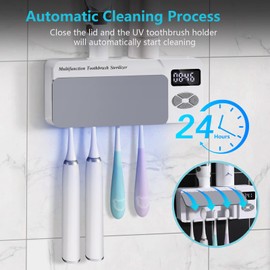 AONCO Toothbrush Holder with UV Cleaning, Multifunctional Bathroom Wall Mounted Toothbrush Holder with Bluetooth Music Player, 4000mAh USB Charging, Shower Clock Timer, Electric Toothbrushes Organizer