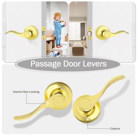 NIZADO Door Handles Interior for Hallway and Closet, Polished Brass Door Knobs Non-Locking, Passage Door Knob, Reversible Door Handle, 6 Pack, Zinc Alloy