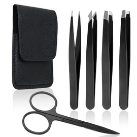 HOXHA Professional Stainless Steel Tweezers with Scissors, Set of 5 Best Precision Tweezers for Eyebrow, Fragment and Ingrown Hair Removal, with Leather Travel Case