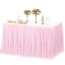 6ft Pink Tulle Table Skirts Baby Shower Tulle Tablecloth for Rectangular Tables Tutu TableSkirt Round Ruffle TableCover with Skirt for Princess Girls Birthday Party Wedding Decorations, 70X30.3inch