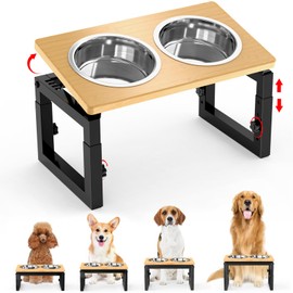 Dog Bowls Elevated, 4 Height & Angle Adjustable Raised Dog Bowl Stand, Elevated Dogs Bowl Stand for Medium Sized Pet, Sturdy Bamboo Dogs Feeding Station with 2 Stainless Steel Dishes