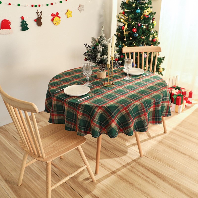 Jeloris Plaid Round Tablecloth Cotton Linen Checkered Table Cover for