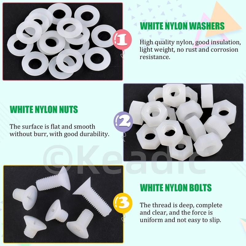 Keadic 270Pcs M8 White Nylon Countersunk Machine Screws, Nylon Flat