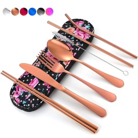 Travel Utensils,Reusable Silverware Set to Go Portable Cutlery Set with a Waterproof Carrying Case for Lunch Boxes Workplace Camping School Picnic (FlowerCase/Rosegold)