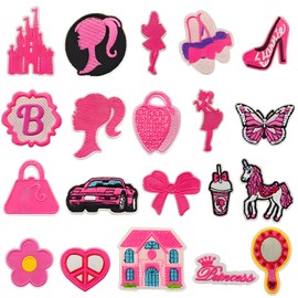 Qpout Pack of 20 Pink Princess Iron-On Patches, Iron-On Patches, Pink Girls Iron-On Patches for Textiles, Pink Iron-on Patches for Clothes, Backpack, Jackets, Jeans, Shirt