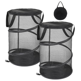 Pop Up Laundry Baskets Foldable, Mesh Washing Baskets for Laundry,Collapsible Laundry Baskets with Zippable Lid,Small Laundry Hamper for Clothes,Toy,Camping,Travel,Dorm(2 Pack,Black)