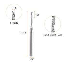 sourcing map Spiral Router Bit 1/16" Cut Dia 1/8" Shank Up Cut Solid Carbide 1 Flute CNC End Mill Milling Bits for Wood Plastic Soft Metal (1/2" Cut Length 1-1/2" Long)