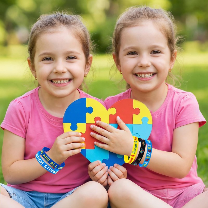 144PCS Autism Awareness Silicone Bracelets Bulk Colorful Puzzle Wristbands for