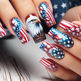 24 Pcs Eagle Press on Nails Medium Length Independence Day Nails 4 th of July Stripe and Star Design Fake Nails Glossy False Nails Full Cover Stick on Nails for Women Girls Acrylic Nails