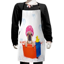 Ambesonne Dog Lover Apron, French Bulldog Having a Bath in Tub Rubber Duck Theme on Bubbles Background, Small Apron Bib with Adjustable Ties for Baking Painting, Small Size, Multicolor