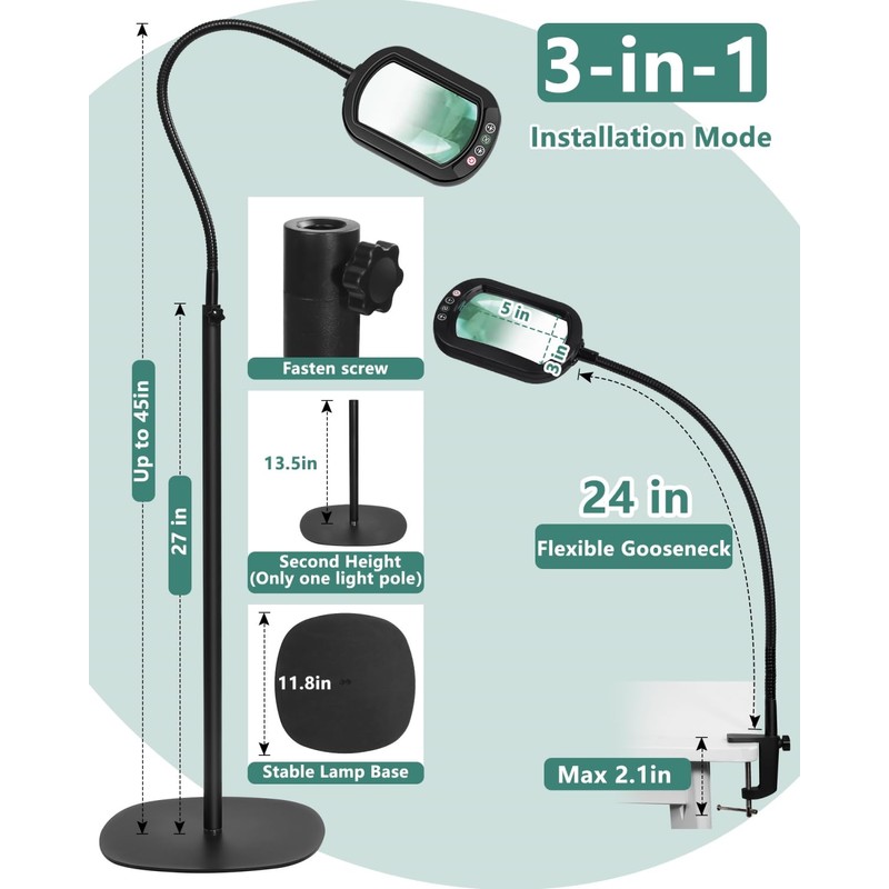 10X Rectangle Magnifying Glass with Light and Stand, 24" Flexible