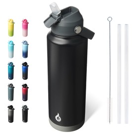 BJPKPK Insulated Water Bottle with Straw Lid, 40oz Large Thermos, BPA Free Leak Proof Stainless Steel Metal Water Bottles, Tumblers, Cups, Flasks for Travel, Sports,Black