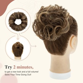 Benehair Hair Pieces for Women Messy Bun Real Hair Bun Donut Accessories Scrunchies Curly Wavy Ponytail Hairpiece Chignons #4P27 Medium Brown Mix Dark Blonde 32g