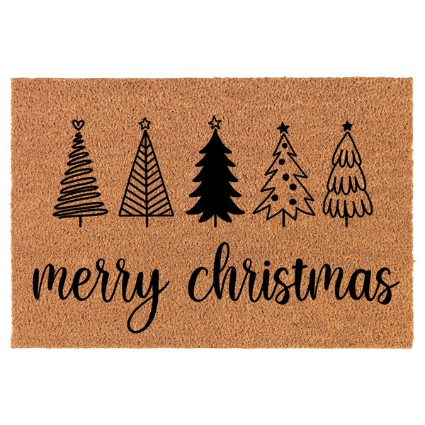 Welcome Doormat Coco Coir Door Mat Merry Christmas Stylized Trees