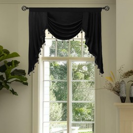 KNEOQIT Luxury Black Velvet Curtain Valance, Soft Touch Rod Pocket Valance with Bead Tassels, Waterfall Valance for Kitchen,Dining Room 39 Inch,1 Panel