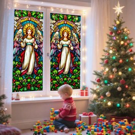Nuxovilar Stained Glass Christmas Window Film with Guardian Angel and Holly, 17.5×39.7in, Festive Decorative Window Film (Sparkle)