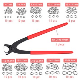 Alfykym 131Pcs 1/4" - 1" Single Ear Hose Clamps with Ear Clamp Pincer PEX Cinch Clamps Stainless Steel Stepless Cinch Rings Crimp Hose Clamps Assortment Kit (10 Sizes 6-28.5mm)