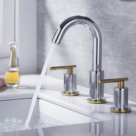 BSTIIU Bathroom Faucet Chrome and Gold 2-Handle 8-Inch Widespread Bathroom Sink Faucet with Metal Drain, 3-Hole Faucet for Bathroom Vanity, Polished Chrome/Polished Brass