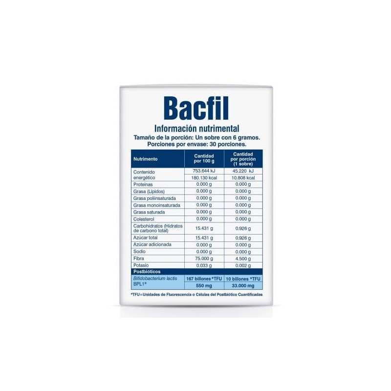 BACFIL SUPLEMENTO ALIMENTICIO CON 30 SOBRES