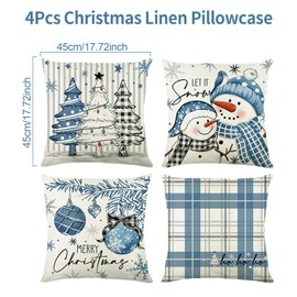 Christmas Cushion Covers Set Of 4, 45 x 45cm Christmas Pillow Cases Blue Christmas Decorations Cushion Covers, Snow Pine Tree Decorative Christmas Design Cushion Covers For Throw Pillow, Sofa, Bedroom