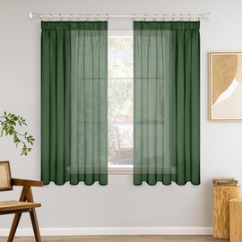 MIULEE Curtains with Ruffle Tape, Set of 2 Curtains, Living Room, Sheer Voile Curtains, Transparent, Bedroom, Dark Green, 140 x 145 cm