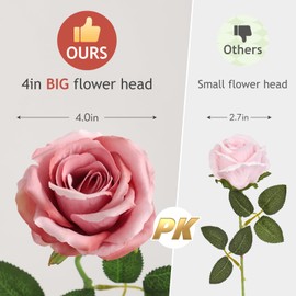 Alecono 𝟮𝟬𝙋𝙘𝙨 Fake Roses, 4in 𝘽𝙞𝙜 𝗩𝗲𝗹𝘃𝗲𝘁 Flower Head Dusty Pink Artificial Flowers with Stems for Wedding Decorations, Silk Roses Bulk for DIY Home Party Decor