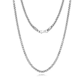 PECHEW 4MM Mens Silver Stainless Steel Wheat Chain Necklace Durable Fashion Jewelry Gift 22 Inch