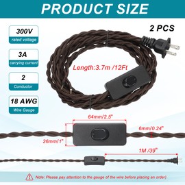 uxcell 12Ft 18/2 Twisted Cloth Covered Lamp Cord, 2 Pcs Vintage Fabric Electrical Wire with Switch Button and Plug Stripped Ends Ready for Extension Wiring DIY Repairing, Brown