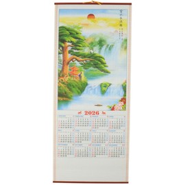 Feng Shui Import 2026 Chinese Wall Scroll Calendar, Traditional Pine Tree Water Fall Landscape Design, 30 x 12.5 inches, Wooden Mounting Rails
