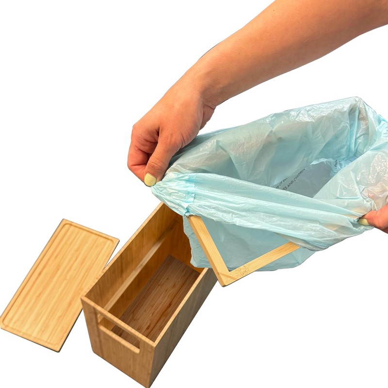 Bamboo Slim Trash Can with Lid, Waste Basket for Bathroom,