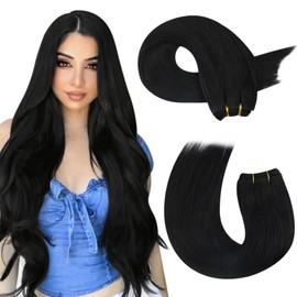 Moresoo Hair Wefts Real Hair for Sew-In Black Remy Human Hair Bundles Weaving Extensions Double Weft Hair Extensions Real Hair Wefts Weaving Black #1 100 g 55 cm