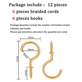 Blulu 6 Pieces Braided Curtain Tiebacks Rope Belt Curtain Ties and 6 Pieces Hooks Metal Tieback Hooks for Window Accessories(Brown and Silver)