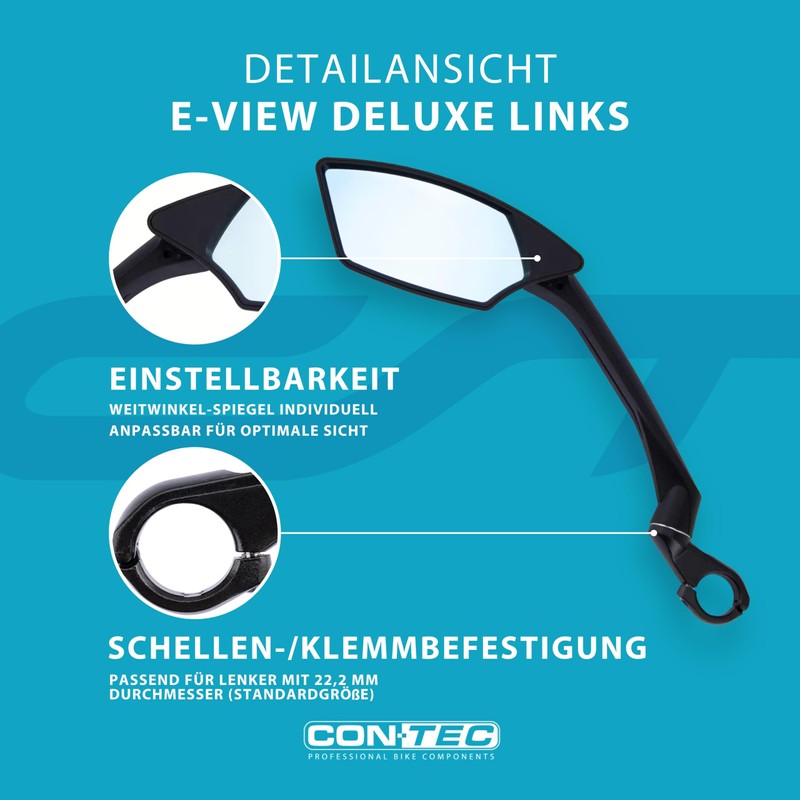 CONTEC E-View Deluxe Bicycle Mirror, E-Bike Rear View Mirror with