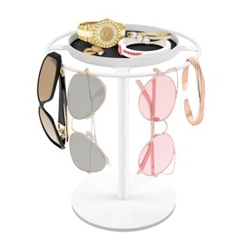LSK Metal Sunglasses Organizer, Glasses Holder Stand with Storgae Tray, Eyeglasses Holder with Anti-Slip Pads for Tabletop, Desk, Dresser, White
