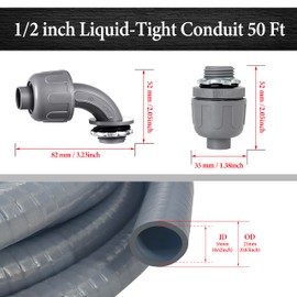 50 Foot Liquid-Tight Conduit Kit - 1/2inch Flexible Non Metallic Liquid Tight Electrical Conduit and 5 Straight and 4 Angle Fittings Included. 1/2" Dia