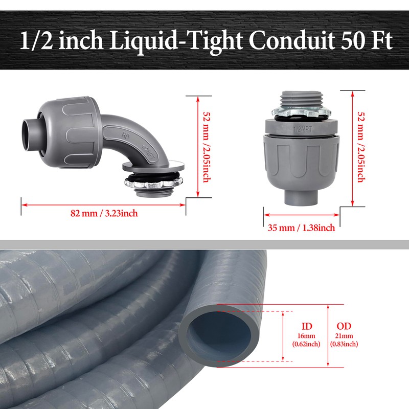 50 Foot Liquid-Tight Conduit Kit - 1/2inch Flexible Non Metallic