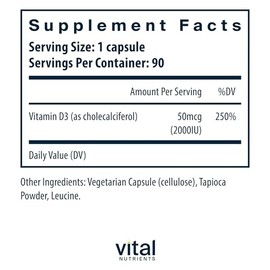 Vital Nutrients Vital Nutrients Vitamin D 2000 IU | Vitamin D3 Supplement | Healthy Bones, Teeth, Muscles*| Cellular & Immune Function | Calcium Absorption | Gluten, Dairy and Soy Free | 90 Capsules