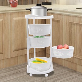 LINISHOP Multi-Layer Adjustable Kitchen Storage Rack 4-Tier Rotating Storage Shelf Floor Standing Detachable Fruit Vegetable Storage Basket w/5 Lockable Casters for Kitchen Living Room, White (4-Tier)