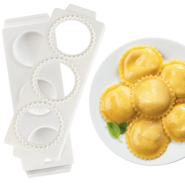 Jumbo Ravioli Molds - 2.5" Round- Homemade Filled Pasta Maker - 2 Piece Tray & Press makes 3 Circle Raviolis or Pastry at a Time, Easy to Use & Clean- Add Fun to Italian Pasta Night, Great Gift