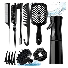 16 Pcs Kit Profesional De Peines Y Cepillos Para Cabello, Juego Completo Para Estilizar Y Herramientas Para Peinado, Húmedo Y Seco, para Pelo Fino Y Grueso Peine Cepillo de Cerdas (Negro)