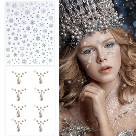 8 Sheets Winter Snowflake Face Temporary Sticker Winter Fairy Tears Rhinestone Face Tattoo Stickers Face Jewels Gems Glitter Christmas Snowflake Makeup Stickers for Nail Art Decals Carnival Party
