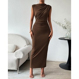 BTFBM Women's Ruched Bodycon Dress Summer Casual Sleeveless Back Slit Elegant Club Evening Party Cocktail Maxi Dresses(Coffee, Small)